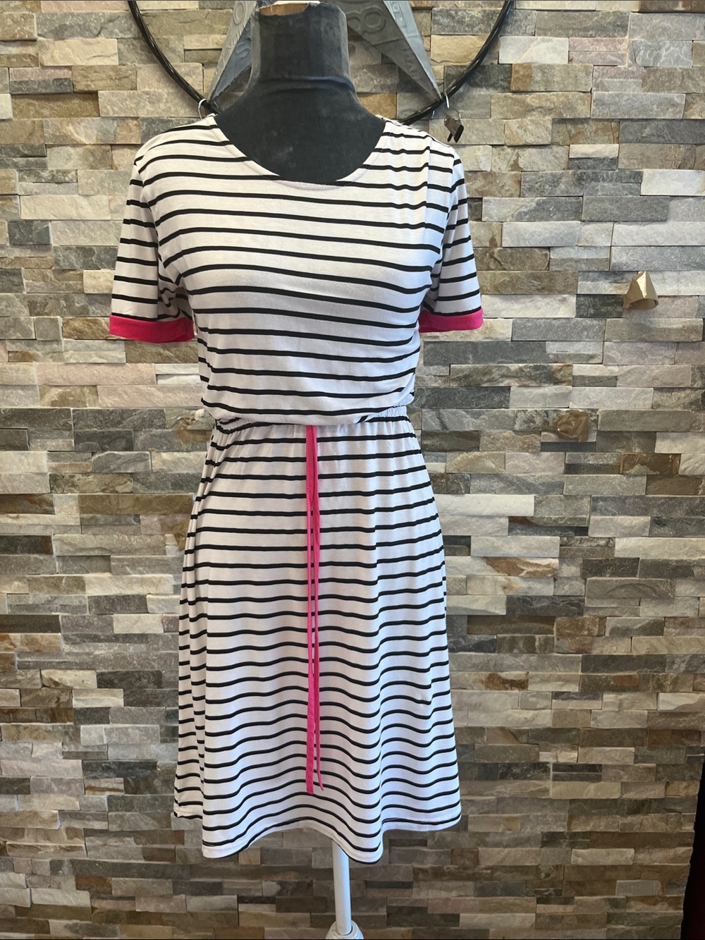 Exist Black & White Striped Midi Dress with Pink Trim
